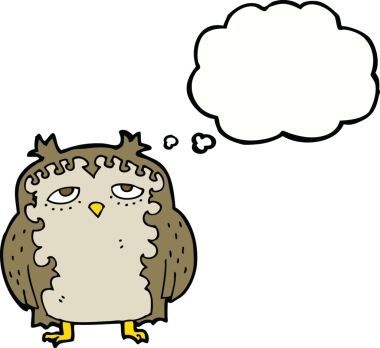 Bir insan tarafından çizilmiş düşünce baloncuklu yaşlı baykuş.