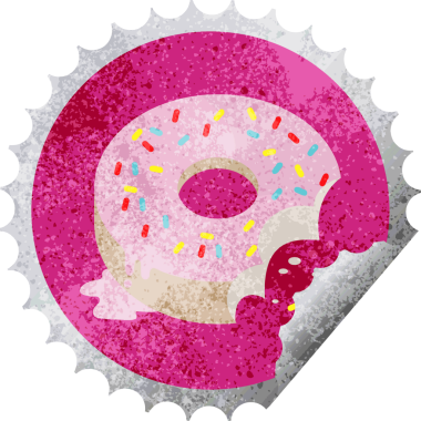 Isırılmış donut grafikli vektör illüstrasyon yuvarlak etiketi bir insan tarafından çizilmiş.