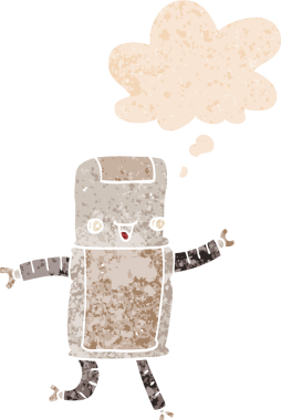 grunge 'da düşünce baloncuğu olan karikatür robotu bir insan tarafından çizilmiş gerilimli retro stil