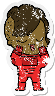 Bir insan tarafından çizilmiş uzay giysisi içindeki mutlu bir çizgi film kızının sıkıntılı çıkartması.