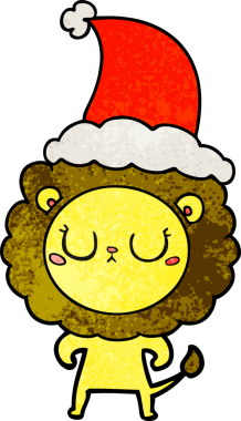 Bir insan tarafından çizilmiş Noel Baba şapkası takan bir aslanın el çizimi karikatürü.