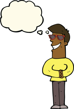 Bir insan tarafından çizilmiş düşünce balonlu güneş gözlüğü takan sırıtan çizgi film adamı.