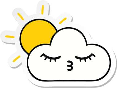 Bir insan tarafından çizilmiş şirin bir karikatür güneş ışığı ve bulut çıkartması.