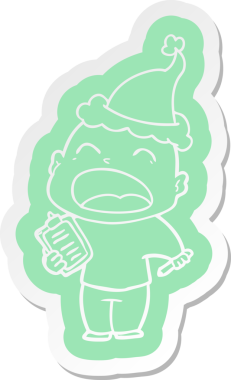 Bir insan tarafından çizilmiş Noel Baba şapkası giyen bağıran kel bir adamın garip çizgi film etiketi.