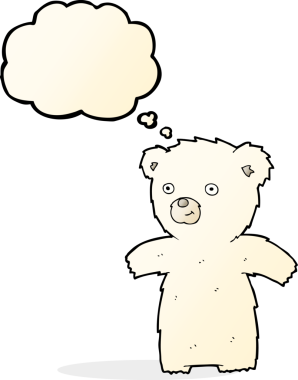 Bir insan tarafından çizilmiş düşünce baloncuklu şirin kutup ayısı.