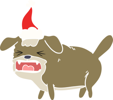 Bir insan tarafından çizilmiş Noel Baba şapkası giymiş bir köpeğin düz renk çizimi.