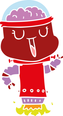 Bir insan tarafından çizilmiş mutlu düz renkli çizgi film robotu.