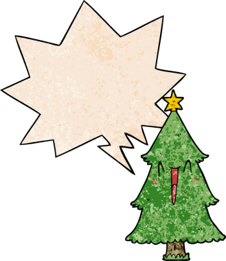 Bir insan tarafından çizilmiş eski dokuda konuşma baloncuğu olan çizgi film Noel ağacı.