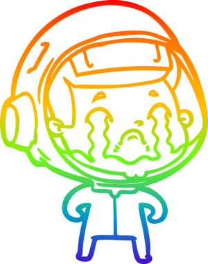 Gökkuşağı gradyan çizgi çizimi bir insan tarafından çizilmiş ağlayan astronot