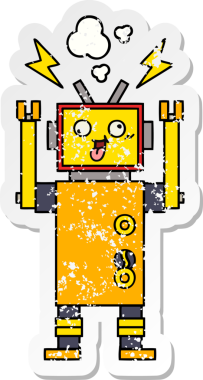 Bir insan tarafından çizilmiş arızalı bir robot çizgi film çıkartması.