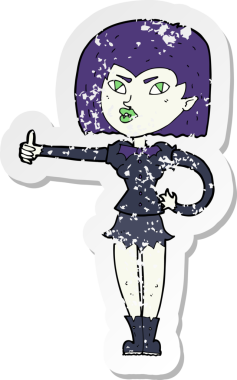 Bir insan tarafından çizilmiş, vampir bir kızın gerilimli retro çıkartması.