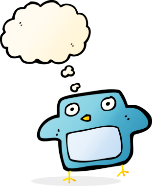 Bir insan tarafından çizilmiş düşünce baloncuklu çizgi film kuşu.