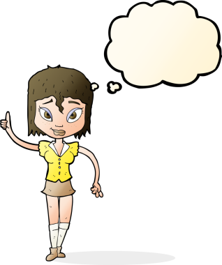 Bir insan tarafından çizilen düşünce baloncuğuyla nokta koyan çizgi film kadını.