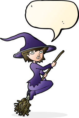 Bir insan tarafından çizilmiş konuşma balonuyla süpürgeye binen cadı çizgi filmi.
