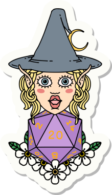 Bir insan tarafından çizilmiş doğal yirmi zarlı elf büyücü karakterinin çıkartması.