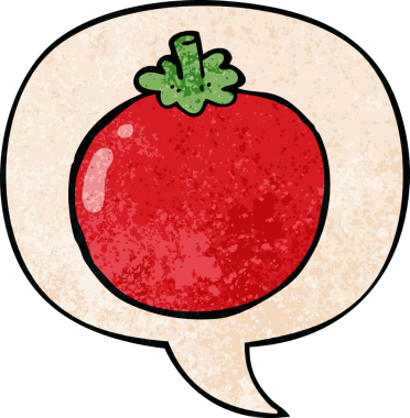bir insan tarafından çizilmiş eski dokuma tarzında konuşma baloncuklu domates.