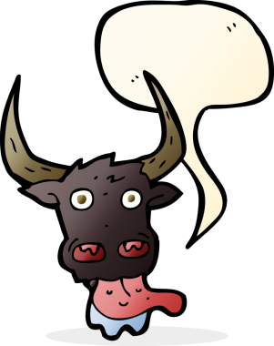 Bir insan tarafından çizilmiş konuşma balonlu inek suratı.