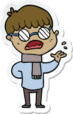 Bir insan tarafından çizilmiş gözlüklü bir çizgi film çocuğunun çıkartması.