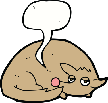 Bir insan tarafından çizilmiş, kıvrılmış, konuşma balonlu bir köpek.