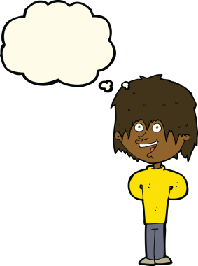 çizgi film mutlu pasaklı çocuk bir insan tarafından çizilmiş düşünce balonuyla