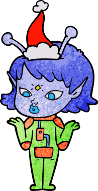 Bir insan tarafından çizilmiş Noel Baba şapkası takan uzaylı bir kızın güzel el çizimi karikatürü.