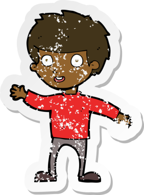 Bir insan tarafından çizilen mutlu çocuk çizgi filminin kederli retro yapıştırması.