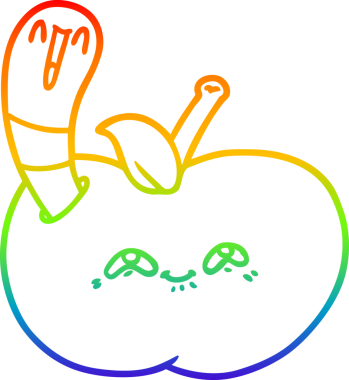 Gökkuşağı gradyan çizgi çizimi bir insan tarafından çizilmiş mutlu bir elma içinde solucan