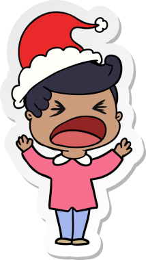Bir insan tarafından çizilmiş Noel Baba şapkası giymiş bağıran bir adamın el yazısı.