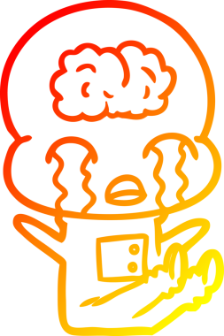 Bir çizgi filmin sıcak çizgi çizimi. Bir insan tarafından çizilmiş ağlayan büyük beyin uzaylısı.