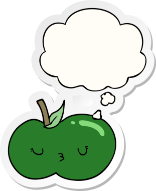 Düşünce baloncuğu insan tarafından çizilmiş bir çıkartma olan şirin bir elma.