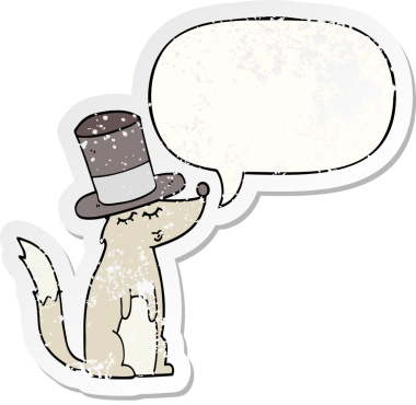 Çizgi film kurtlarının ıslık çalması konuşma balonuyla silindir şapka takması bir insan tarafından çizilmiş sıkıntılı eski bir çıkartma.