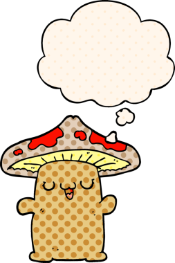 Çizgi roman tarzında bir insan tarafından çizilmiş düşünce baloncuğu olan mantar yaratık.