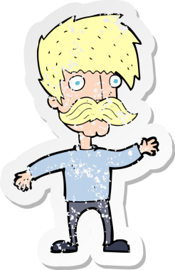 Bir insan tarafından çizilmiş bıyıklı bir karikatürcünün gerilemiş çıkartması.