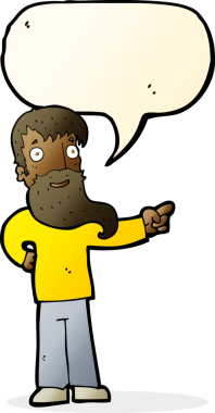 Bir insan tarafından çizilmiş konuşma baloncuğuyla işaret eden sakallı bir çizgi film adamı.