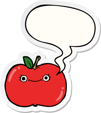 Bir insan tarafından çizilmiş konuşma kabarcığı çıkartmalı şirin çizgi film elması.