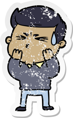 Bir insan tarafından çizilmiş terleyen bir çizgi film karakterinin sıkıntılı çıkartması.