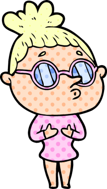 Bir insan tarafından çizilmiş gözlüklü bir karikatür kadın.