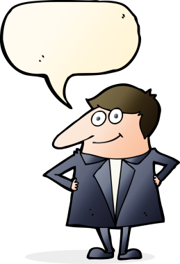 Bir insan tarafından çizilmiş konuşma balonu olan takım elbiseli mutlu bir adam.