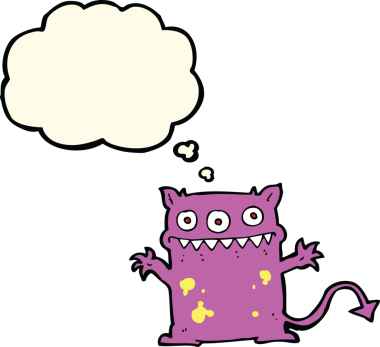 Bir insan tarafından çizilmiş düşünce balonu olan küçük bir canavar.