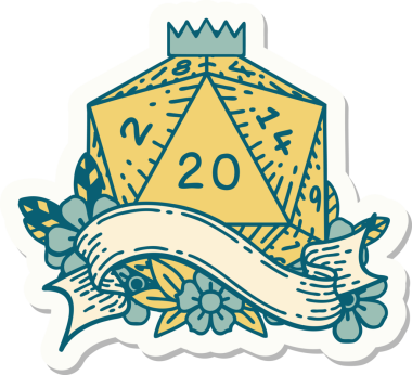 Bir insan tarafından çizilmiş 20 D20 zarının çıkartması.