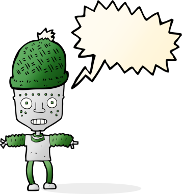 Bir insan tarafından çizilmiş konuşma baloncuklu şapka takan çizgi film robotu.