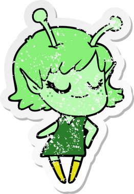 Bir insan tarafından çizilmiş gülümseyen uzaylı kız çizgi filminin sıkıntılı çıkartması.