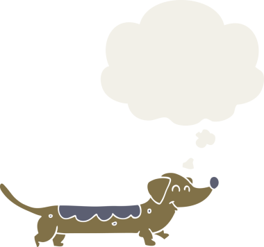 Düşünce baloncuğu olan bir insan tarafından çizilmiş çizgi film köpeği.