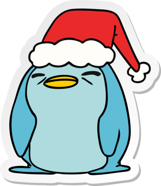 Bir insan tarafından çizilmiş kawaii pengueninin el çizimi Noel çıkartması.