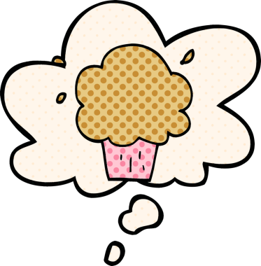 Bir insan tarafından çizilmiş, düşünce baloncuklu çizgi roman tarzı kek.