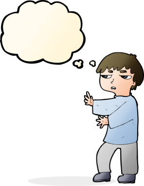 Bir insan tarafından çizilmiş düşünce balonuyla hareket eden bir karikatür adamı.