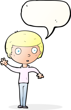 Bir insan tarafından çizilmiş konuşma balonu olan bir çizgi film çocuğu.