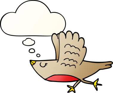 Düşünce baloncuğu olan çizgi film kuşu bir insan tarafından çizilmiş.