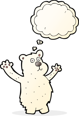 Bir insan tarafından çizilmiş düşünce baloncuklu komik kutup ayısı.