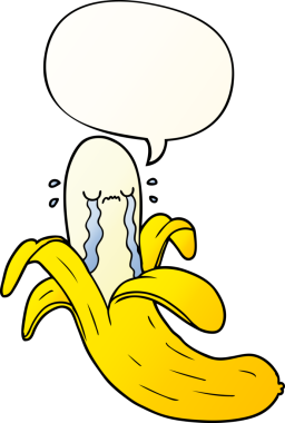 çizgi film ağlayan muz ve konuşma baloncuğu bir insan tarafından çizilmiş düzgün eğimli stil.